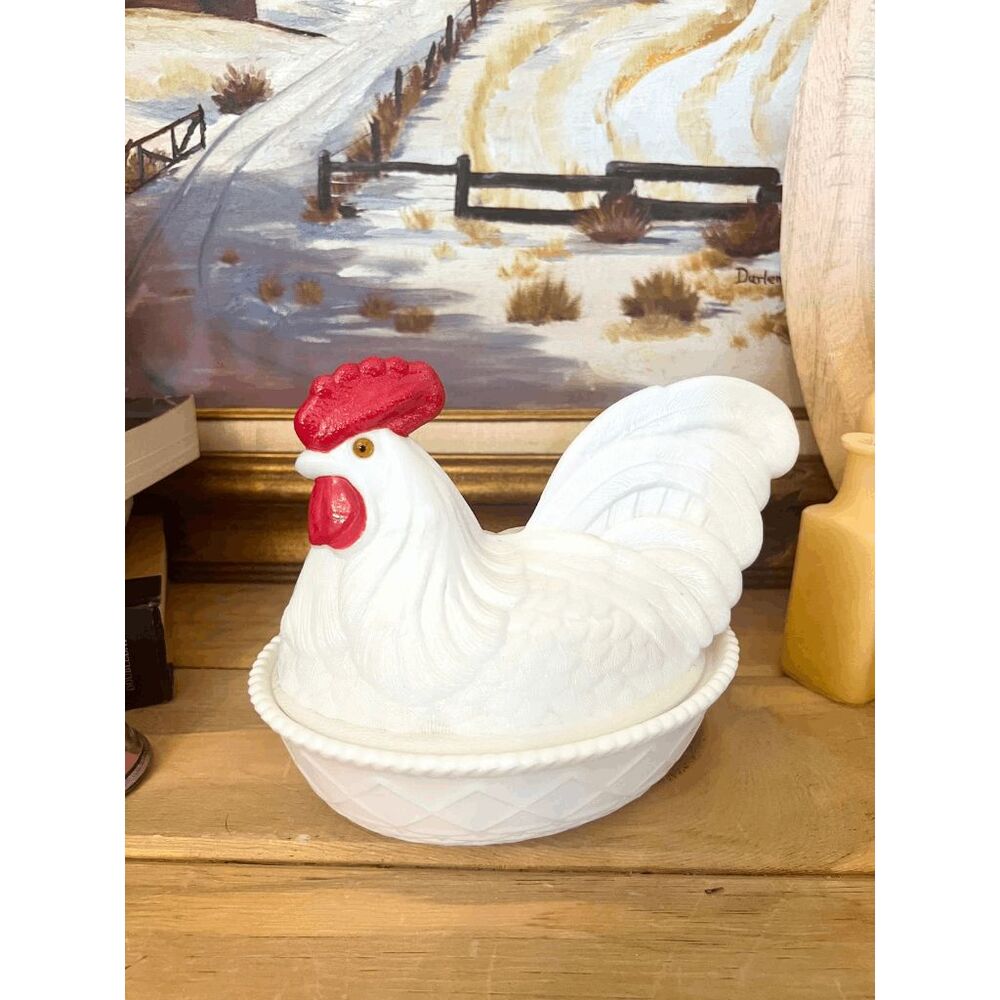 Vintage Westmoreland Milk Glass Rooster on Nest Covered Dish